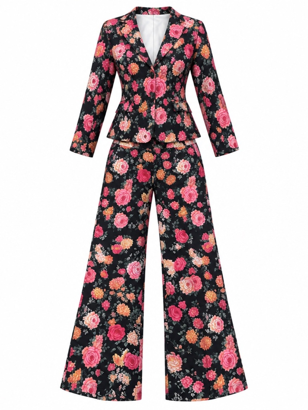 Women’s Outfit Set Floral Black & Pink Tailored Blazer and Pants Size S